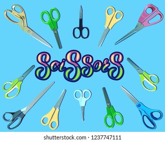A set of scissors of all kinds with lettering scissors. A set of scissors for cutting something. For handicraft and applications. Scissors for home, for nails and haircuts, for cutting clothes.