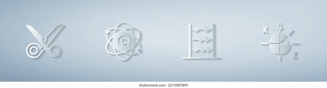 Set Scissors, Atom, Abacus and Trigonometric circle. Paper art style. Vector