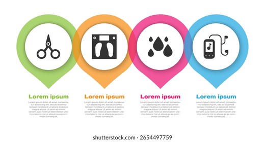 Set Tijeras, Básculas de baño, Gota de agua y Reproductor de música. Plantilla de infografía de negocios. Vector