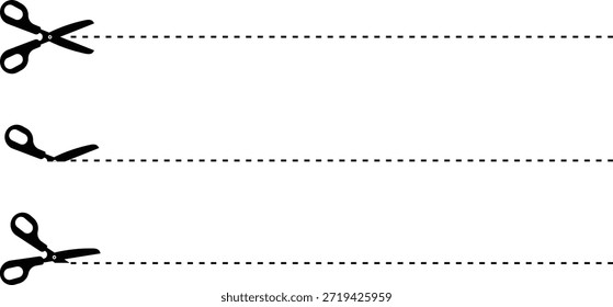 Set of scissors with black cut lines. scissor cutting paper with dotted line isolated on white background. Vector and illustration of scissors.