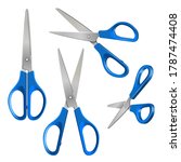 Set of Scissors with blue plastic handles, open and closed, isolated on a white background. Vector illustration