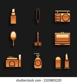 Set Scissors, Bottle of liquid soap, Lipstick, Makeup powder with mirror, Cream cosmetic tube, Hand, Eye shadow palette and  icon. Vector