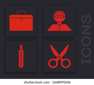 Set Scissors, Briefcase, Student and Stationery knife icon. Vector