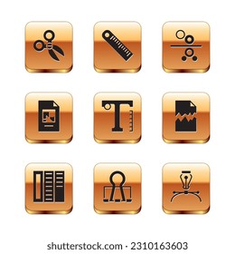 Set Scissors, Brochure, Binder clip, Text, File document, Paper roll of printing press, Fountain pen nib and Ruler icon. Vector