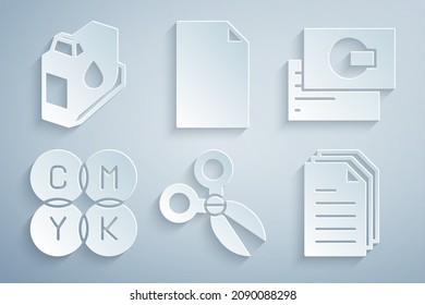 Set Scissors, Business card, CMYK color mixing, File document, Empty and Printer ink cartridge icon. Vector