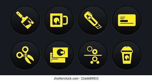 Set Scissors, Business Card, Paper Roll Of Printing Press, Stationery Knife, Coffee Cup, To Go And Paint Brush Icon. Vector