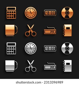 Set Scissors, CD DVD disk, Spiral notebook, Keyboard, Coffee cup, Digital alarm clock, Calculator and Clock icon. Vector
