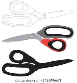 A set of scissors in color, black and white, and outline