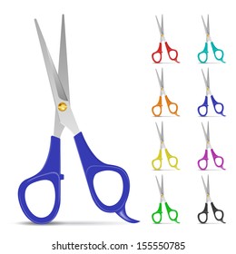 Set of scissors with colored handles on white background