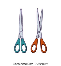 Set of scissors, colorful sketch illustration of of accessories for handicrafts. Vector
