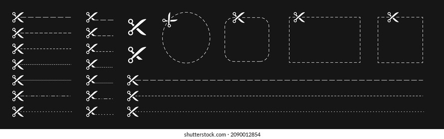 Set of Scissors and coupon, cut template and dashed line. Black icons. Gift Coupon element template, graphics design. Voucher promo code. Shopping, food and drink, business. Vector illustration.