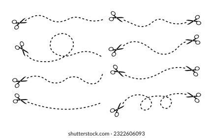 Set of scissors with cut dotted lines. Cutting dashed line to scissors. Vector 10 Eps.