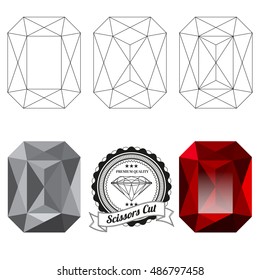 Set of scissors cut jewel views isolated on white background - top view, bottom view, realistic ruby, realistic diamond and badge. Can be used as part of logo, icon, web decor or other design.