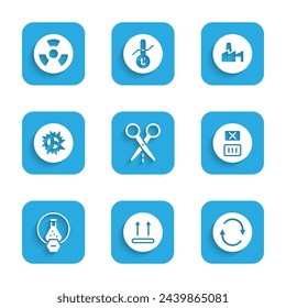 Set Scissors with cut line, Temperature wash, Recycle symbol, Test tube and flask, Bomb explosion, Factory production and Radioactive icon. Vector