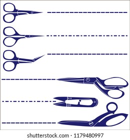 Set of scissors with cut line. Vector.