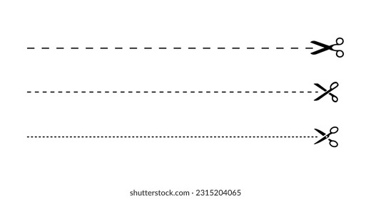 Conjunto de tijeras con líneas de corte. Tijeras negras cortando. Iconos vectores.