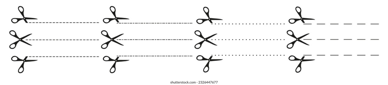 Conjunto de tijeras con líneas de corte. Tijeras negras cortando. Iconos vectores. Icono de corte de papel con línea punteada. Ilustración del vector