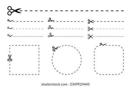 Set of scissors with cut lines. Black scissors cutting. Vector icons.