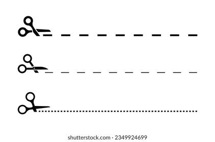 Conjunto de tijeras con líneas de corte. Tijeras negras cortando. Iconos vectores.