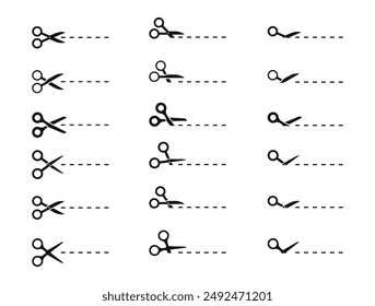 Juego de tijeras con líneas de corte. Tijeras negras cortando. Iconos vectoriales.