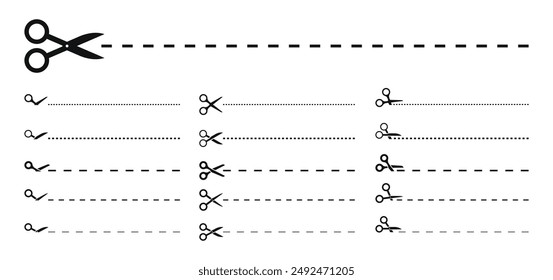 Juego de tijeras con líneas de corte. Tijeras negras cortando. Iconos vectoriales.