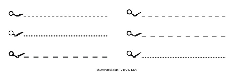 Juego de tijeras con líneas de corte. Tijeras negras cortando. Iconos vectoriales.