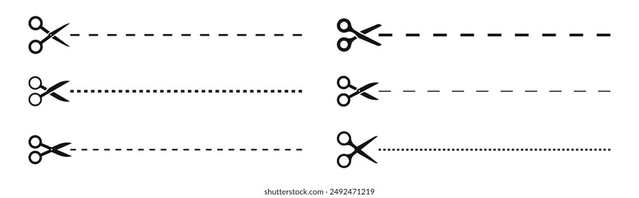 Juego de tijeras con líneas de corte. Tijeras negras cortando. Iconos vectoriales.