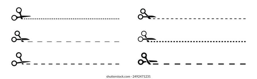 Juego de tijeras con líneas de corte. Tijeras negras cortando. Iconos vectoriales.