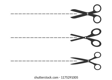 Set of scissors and cut lines on white background. Vector.