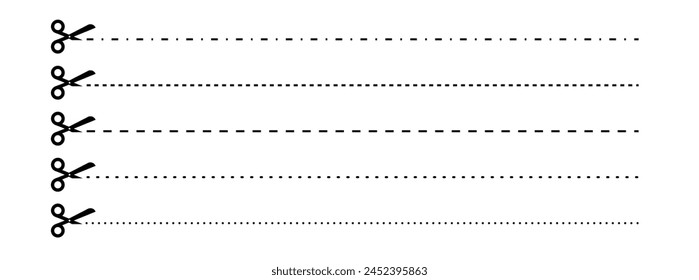 Set of scissors with cut lines. Vector collection of horizontal dashed strokes and scissors cutting the paper by the different lines. Paper cut icons on white background.