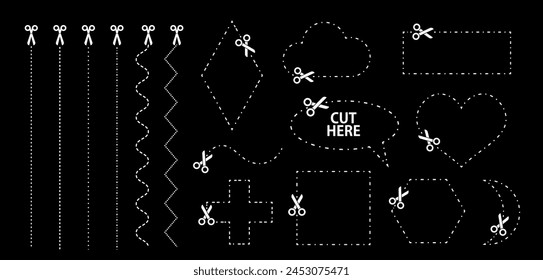 Set of scissors with cut lines. Vector collection of different geometric shapes with dashed strokes and scissors cutting the paper by the various lines. White paper cut icons on black background