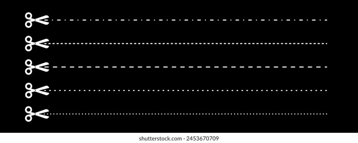 Set of scissors with cut lines. Vector collection of horizontal dashed strokes and scissors cutting the paper by the different lines. White paper cut icons on black background.