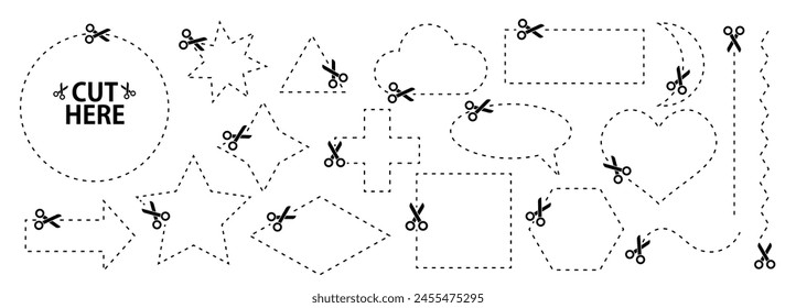 Set of scissors with cut lines. Vector collection of speech bubble, rectangle, star geometric shapes with dashed strokes and scissors cutting the paper by the different lines. Paper cut icons.