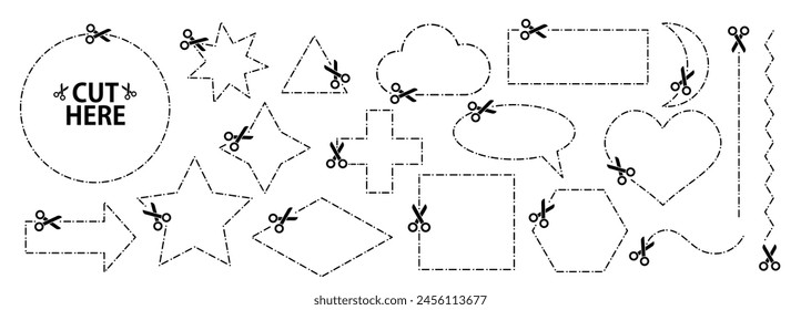 Set of scissors with cut lines. Vector collection of speech bubble, rectangle, star geometric shapes with dashed strokes and scissors cutting the paper by the different lines. Paper cut icons.