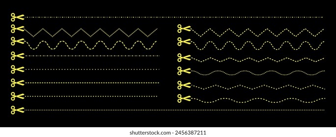 Set of scissors with cut lines. Vector collection of horizontal dashed strokes and scissors cutting the paper by the different lines. Yellow paper cut icons on black background.