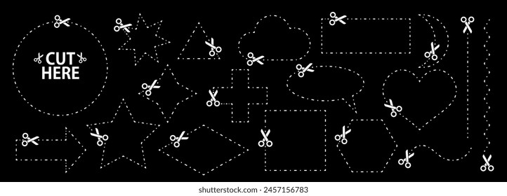Set of scissors with cut lines. Vector collection of speech bubble, rectangle, star geometric shapes with dashed strokes and scissors cutting the paper by the different lines. White paper cut icons.