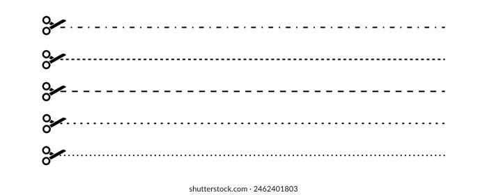 Set of scissors with cut lines. Vector collection of horizontal dashed strokes and scissors cutting the paper by the different lines. Paper cut icons on white background.