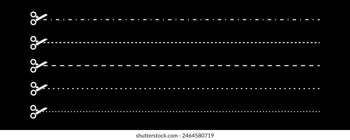 Set of scissors with cut lines. Vector collection of horizontal dashed strokes and scissors cutting the paper by the different lines. White paper cut icons on black background.