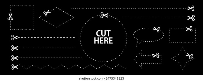 Set of scissors with cut lines. Vector collection of different geometric shapes with dashed strokes and scissors cutting the paper by the various lines. White paper cut icons on black background