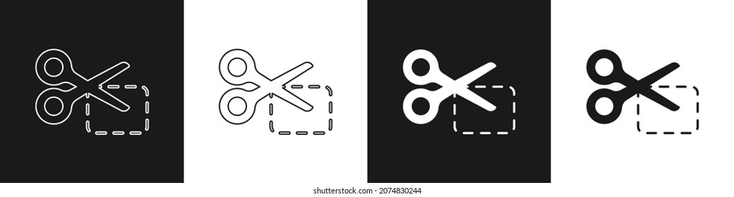 Set Scissors schneidet Rabattkupon-Symbol einzeln auf schwarz-weißem Hintergrund. Das Konzept des Verkaufs in einem Online-Supermarkt zu niedrigen Preisen oder die Hälfte der Kosten.  Vektorgrafik