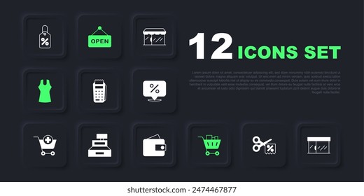 Set Scissors cuts discount coupon, Market store, POS terminal, Shopping cart and food, Woman dress, Cash register machine, Hanging sign with text Open and Wallet icon. Vector