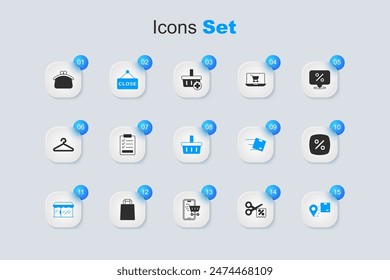 Set Scissors cuts discount coupon, Clipboard with checklist, Hanging sign text Closed, Market store, Location cardboard box, Discount percent tag, Wallet and Shopping basket icon. Vector