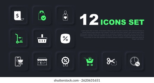 Set Scissors cuts discount coupon, Clock and percent, Shopping basket, Add to cart, Hand truck boxes, Market store, Paper shopping bag and Discount tag icon. Vector