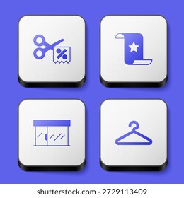 Set Scissors cuts discount coupon, Paper check and financial check, Market store and Hanger wardrobe icon. White square button. Vector