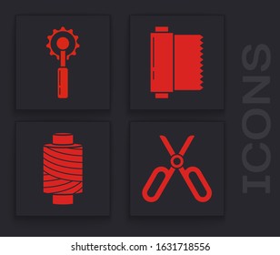 Set Scissors, Cutter tool, Textile fabric roll and Sewing thread on spool icon. Vector