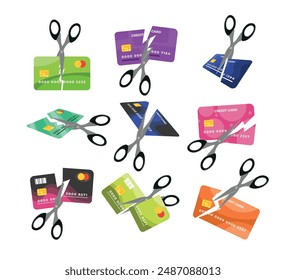 Set of scissors cutting credit card collection, incur future debts, economic sanctions concept, Deactivation credit card, Online payment. Cash withdrawal. Financial operations. Shopping sign.