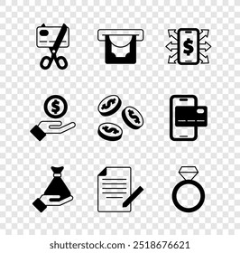 Set Scissors cutting a credit card, ATM and money, Smartphone with dollar, Money hand, Document pen, Diamond engagement ring, Hand giving and Coin icon. Vector