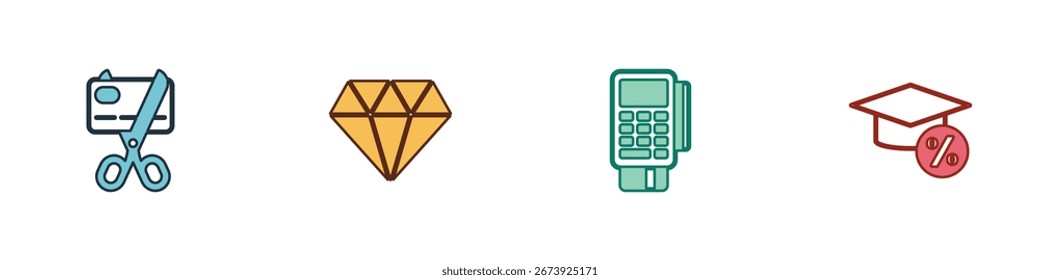 Set Scissors cutting a credit card, Diamond, POS terminal with and Graduation cap and coin icon. Vector