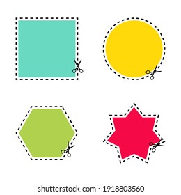Set of scissors cutting of different colors shapes and lines on white background. Cut coupon. Vector illustration.