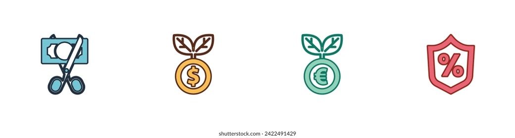 Set Scissors cutting money, Dollar plant, Euro and Loan percent icon. Vector